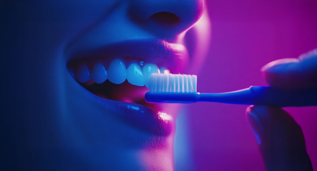 close up of a person brushing their teeth with a toothbrush under vibrant neon lighting