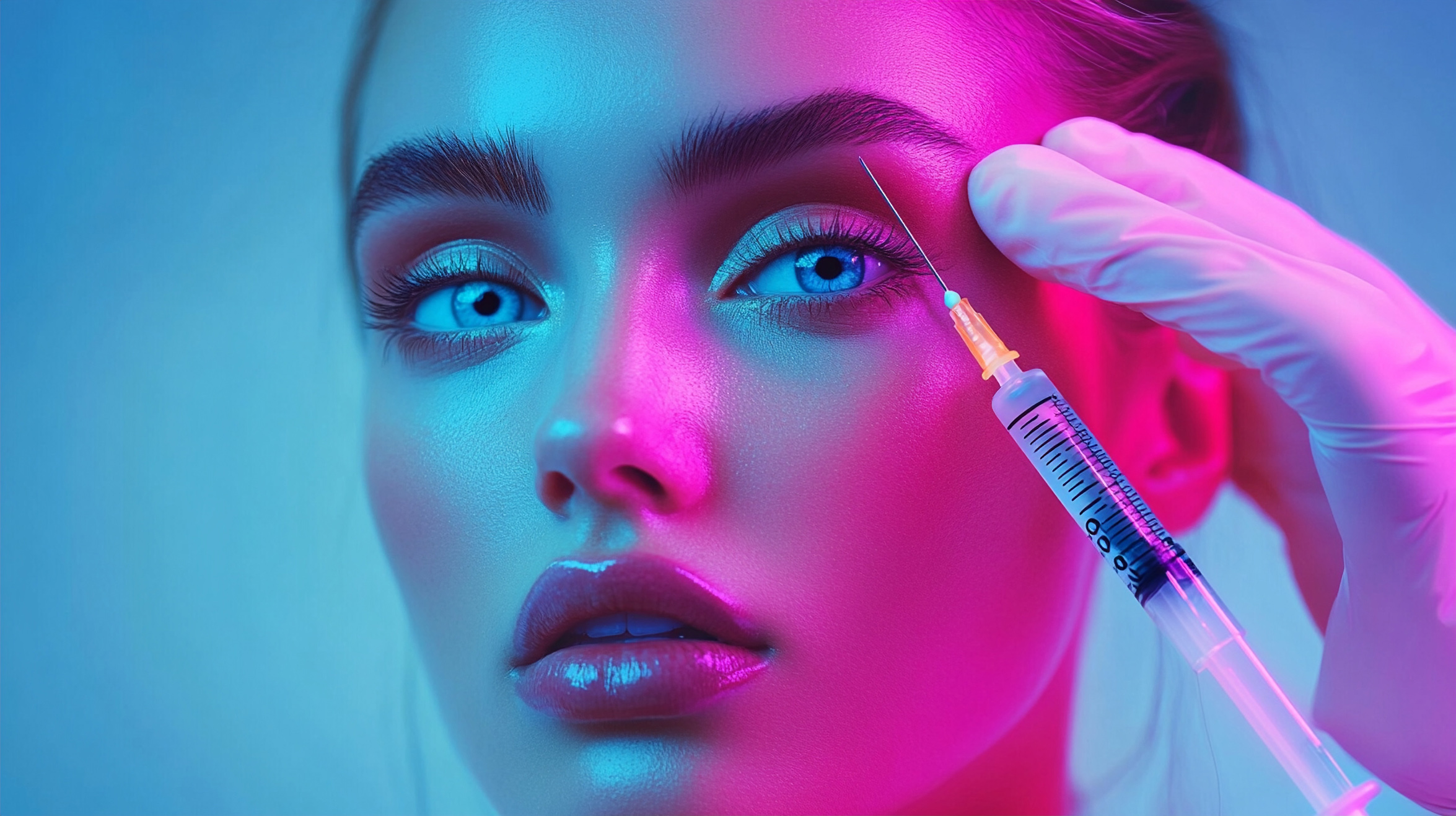 neon lit beauty treatment: close up of a face bathed in vibrant
